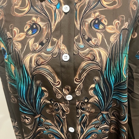 Peacock Feather Print Button Down Blouse Women’s Large Statement Top NWOT Large - Picture 6 of 11